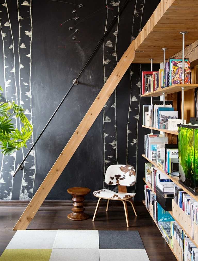 طلاء الجدار الأسود البتولا الطلاء فكرة مكتبة سلم كرسي خمر طباعة
