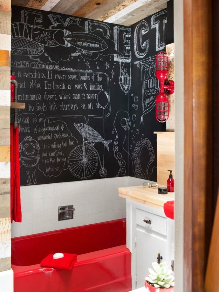 لون الحائط تصميم حمام أسود بانيو أحمر خزانة بيضاء