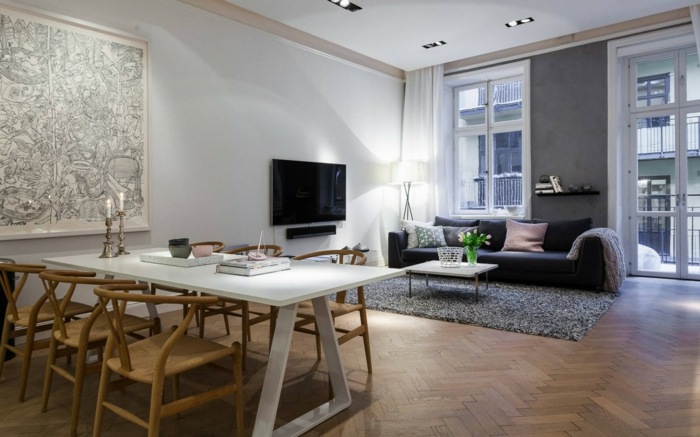 تصميم غرفة المعيشة الاسكندنافية الباركيه الخشب كراسي غرفة الطعام أريكة