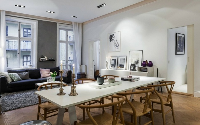 تصميم شقة الاسكندنافية كراسي طاولة طعام بيضاء أريكة دولاب