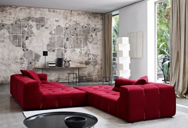 أفكار تصميم أريكة لغرفة المعيشة الحديثة باللون الأحمر