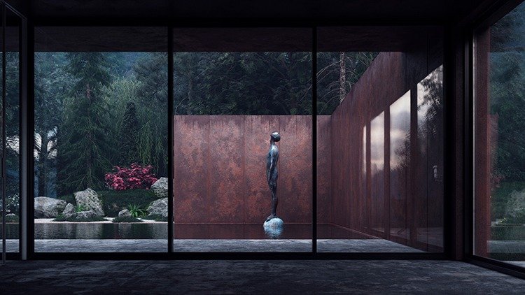 واجهة زجاجية فولاذية - خرسانية - نافذة داخلية - حديقة