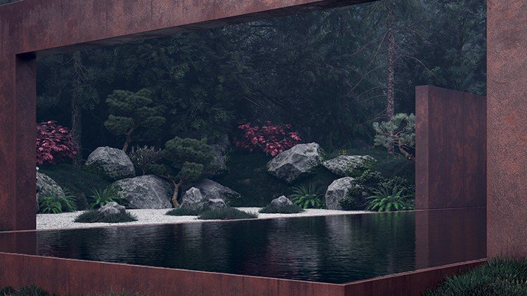 واجهة زجاجية حديدية-يابانية-حديقة-هندسة معمارية حديثة