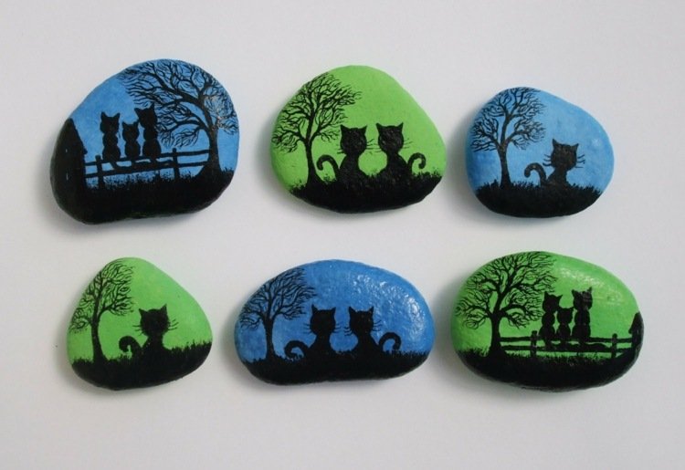طلاء الحجارة القطط السوداء غروب الشمس هالوين أخضر أزرق