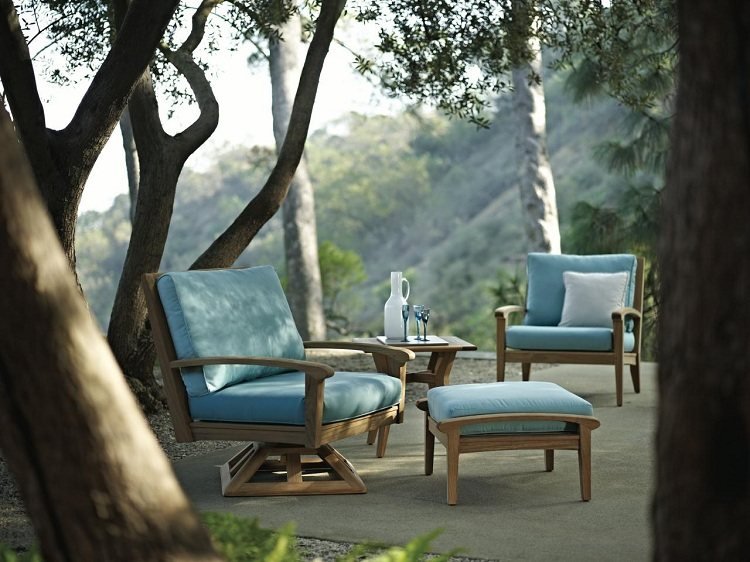 أثاث حديقة من خشب الساج - كرسي بذراعين - كرسي دوار - وسادة مقعد زرقاء