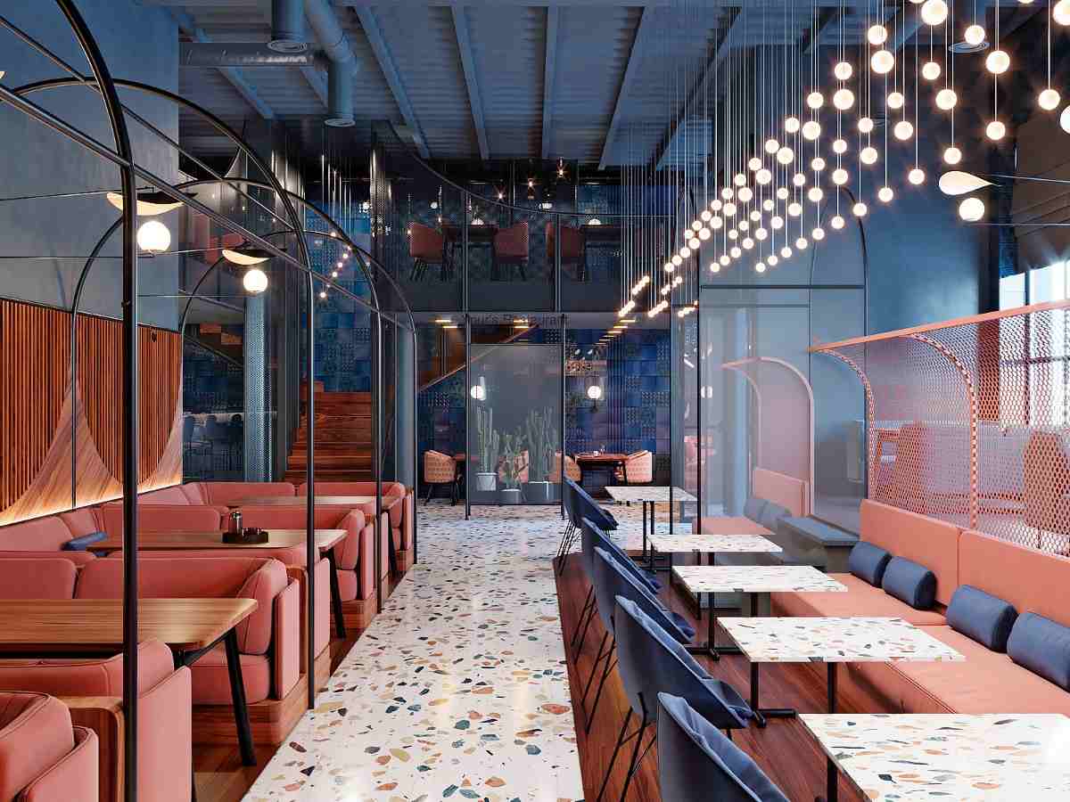 تصميم داخلي حديث مع أرضية تيرازو وطاولات كلكنات في المطعم