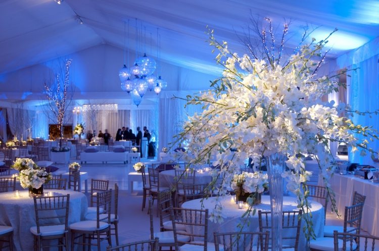 الإضاءة الزفاف الزرقاء الجدول الديكور الزهور البيضاء الديكور الشتاء