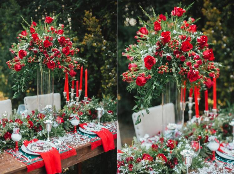 الشتاء عيد الميلاد الديكور الزفاف الأحمر والأخضر الورد الشموع