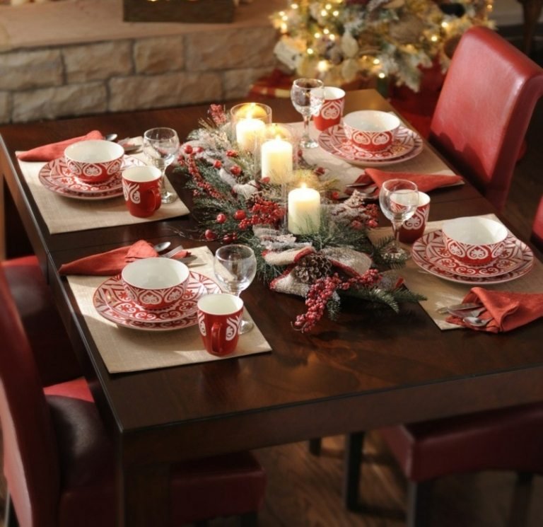 الجدول الديكور لعيد الميلاد الأحمر أدوات المائدة الحديثة ترتيب الشموع