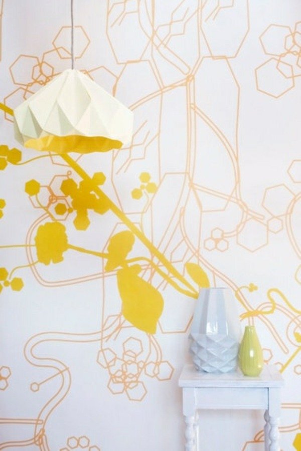 غرفة معيشة بيضاء-صفراء-ورق-مصباح-حائط-ملصق