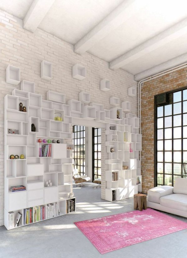 نظام رفوف الحائط تصميم غرفة المعيشة جدار الحجر الطبيعي السجاد الوردي