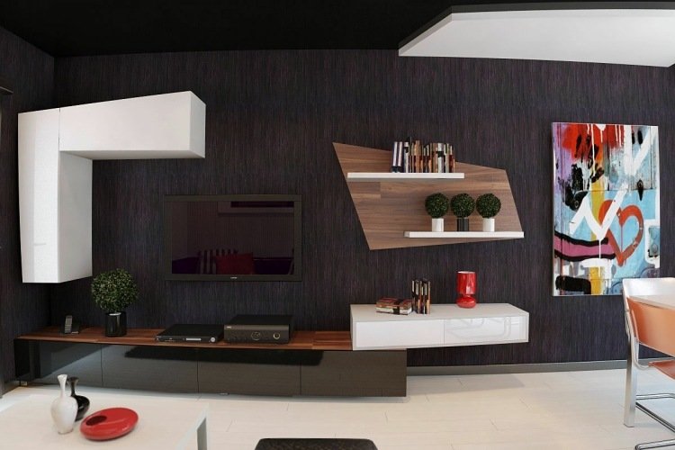 أثاث تلفزيون لغرفة المعيشة - غرفة المعيشة - تصميم - حديث - شديد اللمعان - أسود - أبيض - صورة - رفوف جدارية ملونة - تصميم حائط