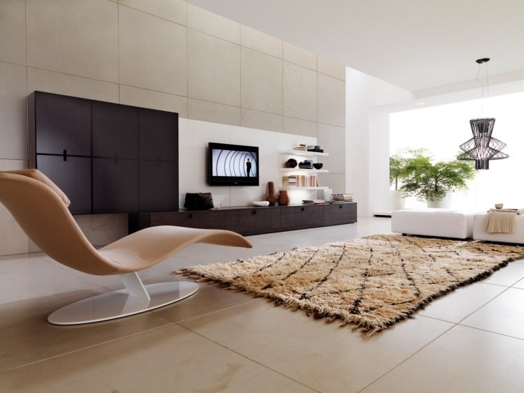 أثاث تلفزيون لغرفة المعيشة - غرفة المعيشة - تصميم - حديث - تصميم داخلي - أبيض - بيج - سجاد - كرسي - مصباح مصمم