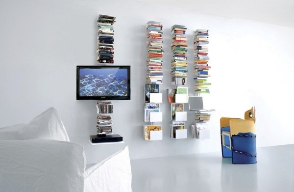 مكتبة غرفة المعيشة تلفزيون بشاشة مسطحة خفية توجيه الكابل