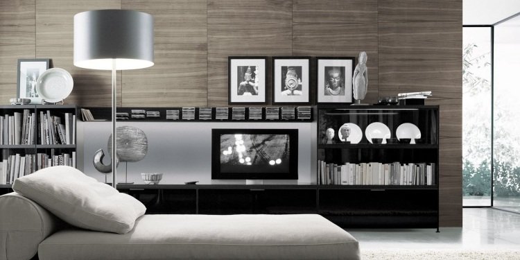 أثاث التلفزيون لغرفة المعيشة - تصميم - حديث - أسود - خشب - لمعان - جدار - تصميم - مظهر خشبي - سرير نهاري - مصباح أرضي