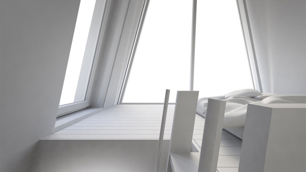 منزل المهندسين المعماريين تصميم غرفة المعيشة ثلاثية الأبعاد في أضيق الحدود تصميم داخلي نقي حديث