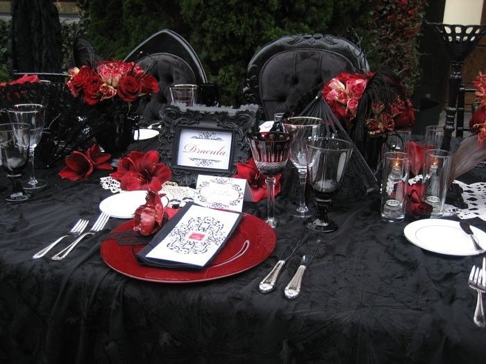 موضوع الطرف الديكور-مصاص دماء-الزفاف-أسود-أبيض-أحمر-أدوات المائدة-مفرش المائدة