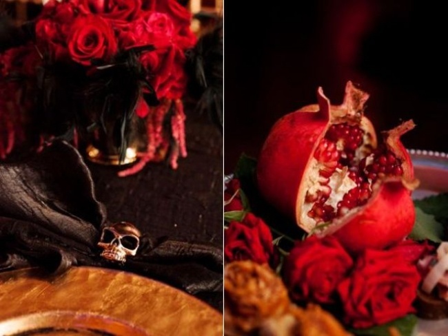 القوطية-مصاصي الدماء-الديكور-الزفاف-مع-الجمجمة-القرع-الورود الحمراء