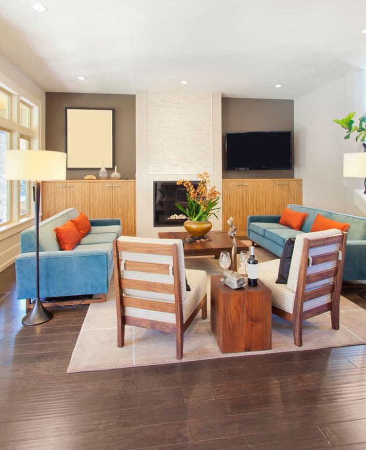 أنواع الأثاث الخشبي - غرفة المعيشة - الداخل - الأزرق الفاتح - الأريكة - الخزائن - الحائط المتخصصة