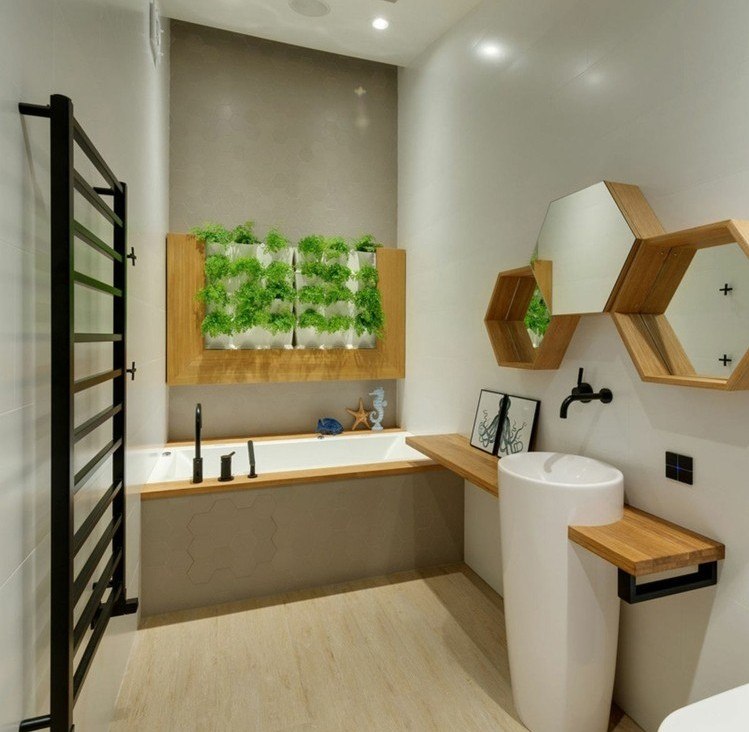عمودي-حديقة-حمام-جدار-تصميم-خشبي-خزانة-أبواب-حوض الاستحمام-قائم بذاته-بالوعة-مرآة