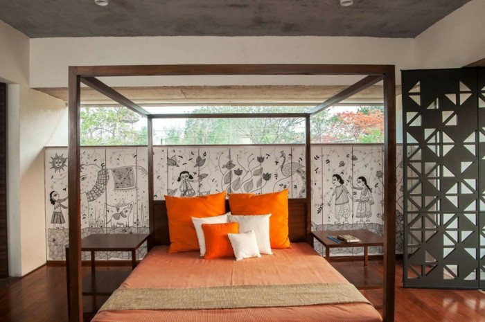 غرفة نوم تصميم وسادة السرير البرتقالي الجدار الصورة