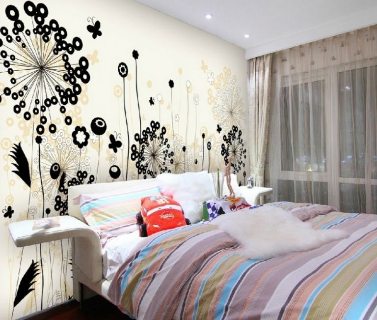 ديكورات حائط لغرف النوم بزخارف الزهور الحديثة المخططة بياضات السرير المؤنث