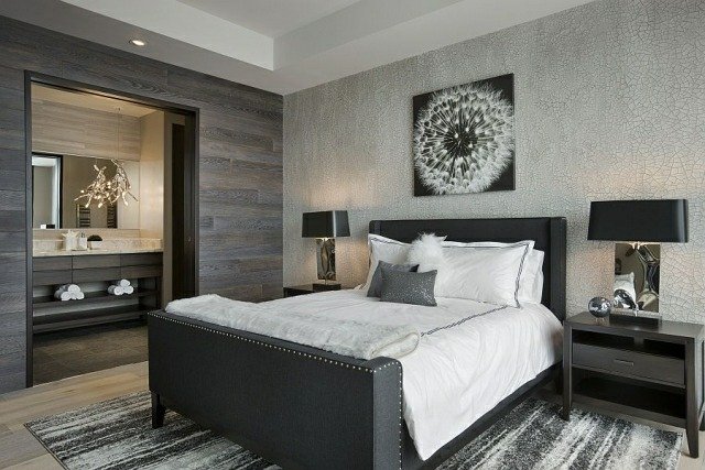 غرفة نوم-تصميم-جدار-ورق حائط-تشققات-في-الأرضية-بصريات-رمادي