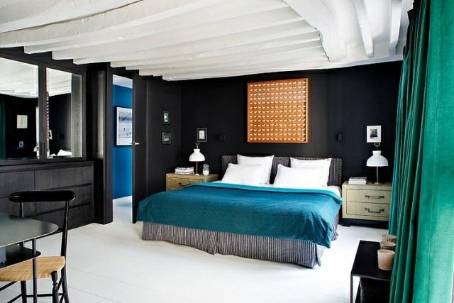 غرفة نوم - اسود - ابيض - تركواز - ازرق - غطاء سرير