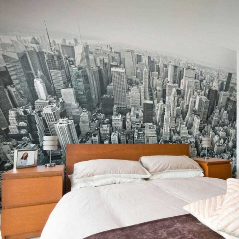 زخرفة الجدار لغرفة النوم صور خلفيات نيويورك أفق السرير الخشب