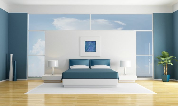 لون الحائط - مسحوق أزرق - أرضية خشبية - أبيض - سجادة - سرير - طاولة جانبية - مصباح