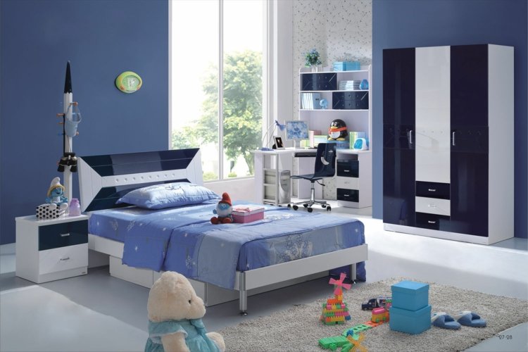 لون الحائط-مسحوق أزرق-غرفة الأطفال-سرير-خزانة-أبيض-أزرق داكن-شديد اللمعان-بيج-سجادة