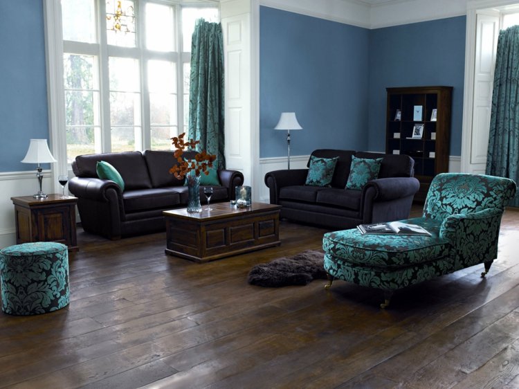 لون الحائط - مسحوق - أزرق - غرفة المعيشة - بني - جلد - أريكة - أسود - أريكة - خضراء - ستائر - وسائد - كرسي - نمط زهرة