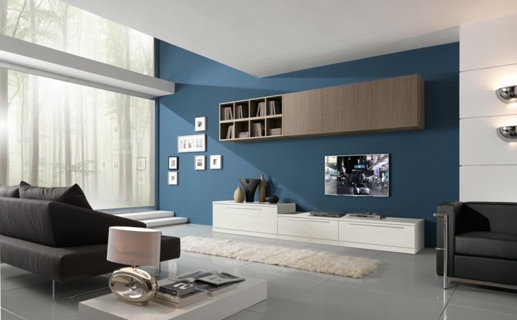 لون الحائط مسحوق أزرق غرفة المعيشة أبيض أريكة طاولة أرضية بلاط أسود صوفا خشب وحدة حائط