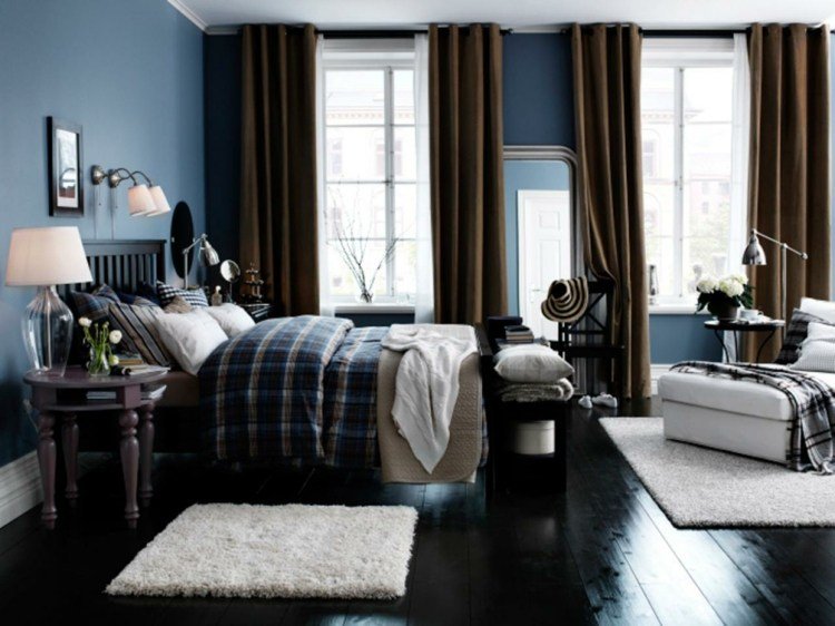 لون الحائط - مسحوق - أزرق - غرفة نوم - أسود - سرير - أرضية خشبية - بني - ستائر - رمادي - بيج - سجاد