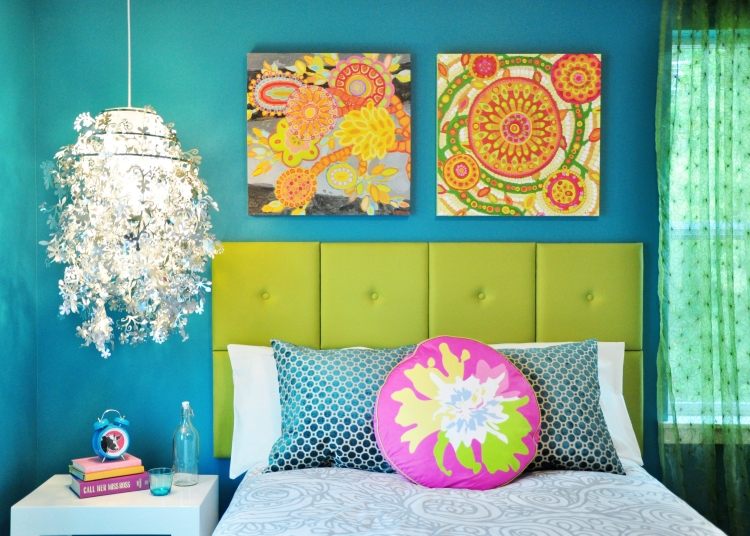 لون الحائط-الفيروز-غرفة النوم-شنقا-مصباح-الوسائد-السرير-نمط-يغطي-اللوح الأمامي-الأخضر-المفروشات-صور ملونة