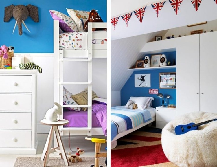 لون الحائط-توركيس-غرفة الأطفال-سقف منحدر-أبيض-خزانة ذات أدراج-خزانة-ديكو