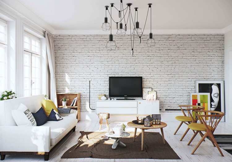 تصميم حائط - غرفة معيشة - جدار من الطوب - أبيض - حديث - الحد الأدنى - جدار تلفزيون