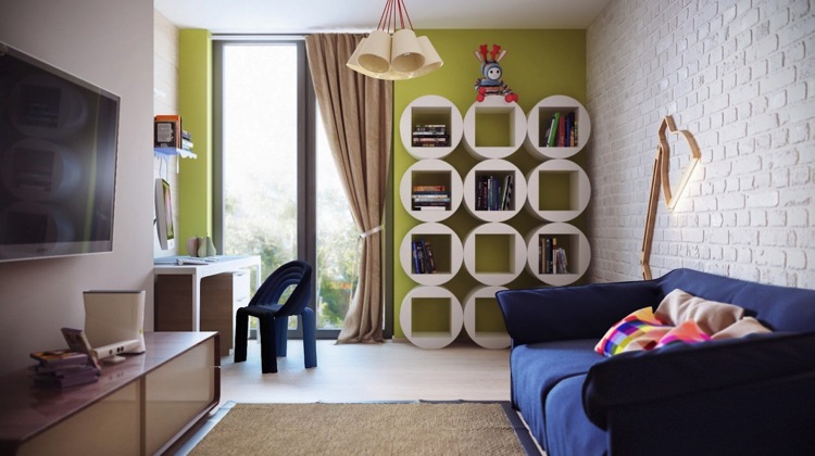 تصميم حائط - غرفة معيشة - جدار من الطوب - أبيض - قرميد - أريكة حديثة - أزرق