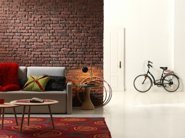 أفكار جدار من الطوب أريكة الأثاث المنجد السجاد اللون الأحمر