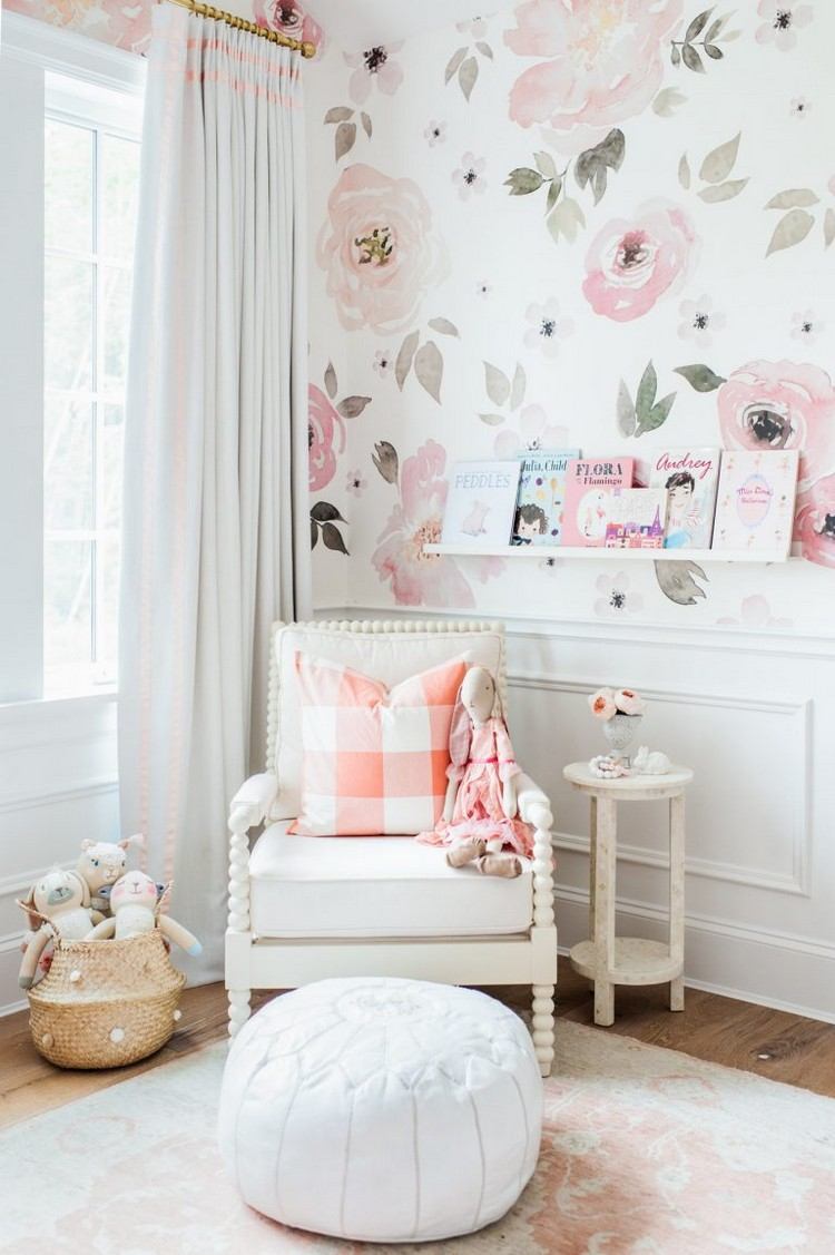 تصميم جدار مع ورق حائط ورد لغرفة الأطفال-بنات-عتيق-ورق حائط