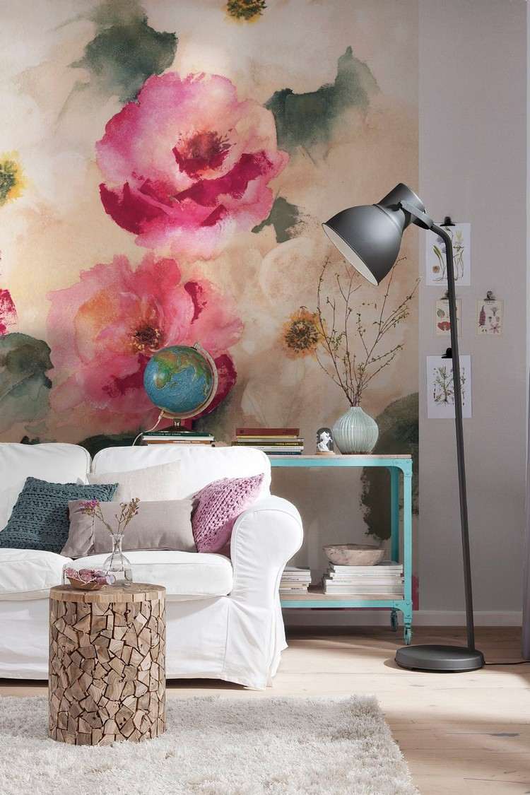 تصميم حائط مع ورق حائط ورد لغرفة المعيشة - ألوان مائية - ورق حائط - ملون