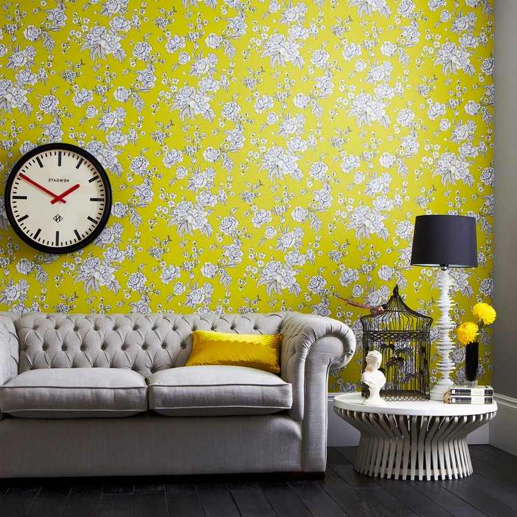 جدار-تصميم-ورد-ورق حائط-غرفة معيشة-أصفر-أبيض-ورد-زخارف