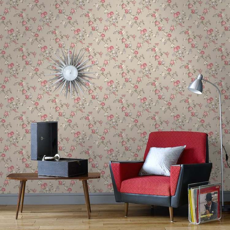 ورق حائط-تصميم-ورد-ورق حائط-غرفة معيشة-بيج-صغير-وردة-نمط