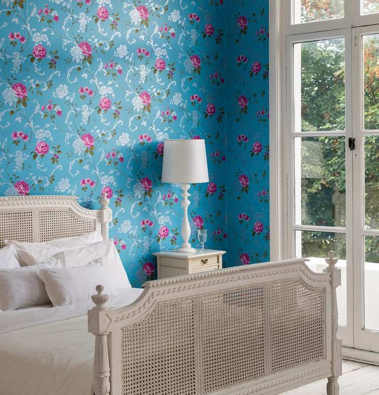 ورق حائط-تصميم-ورد-ورق حائط-غرفة نوم-ازرق-فوشيا-ورق حائط