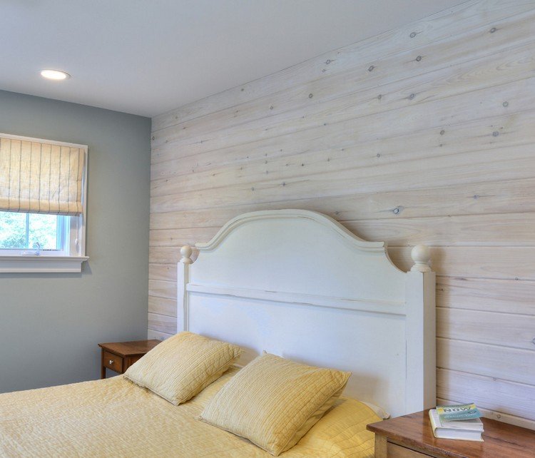 ألواح الجدران مصنوعة من الخشب الأبيض - المنزل الريفي - غرفة النوم - الرمادي - الجدار - الطلاء - الخشب - طاولات السرير