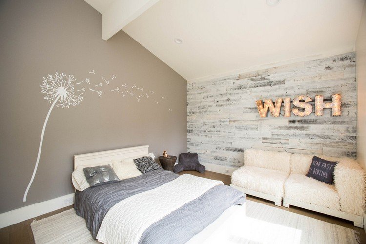 ملصق حائط - خشبي - أبيض - منزل ريفي - غرفة نوم - لهجة جدارية - الهندباء - جدار