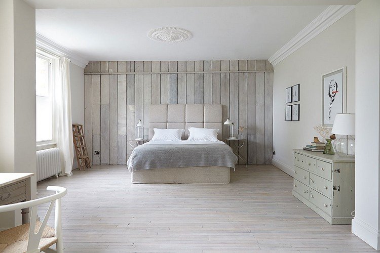 لوحات الحائط - خشب - أبيض - منزل ريفي - غرفة نوم - سرير - منجد - لوح رأسي