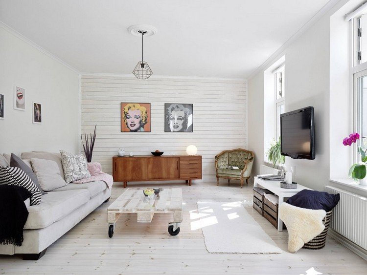 لوحة جدارية - خشب - أبيض - منزل ريفي - غرفة معيشة - لوح أرضي - wiesser