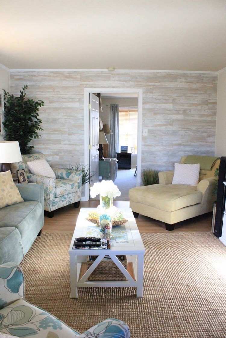لوح حائط - خشب - أبيض - منزل ريفي - غرفة معيشة - سجادة من الألياف الطبيعية
