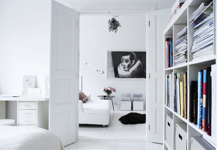 أثاث غرفة المعيشة أبيض-حديث-صور-أرفف-أسود